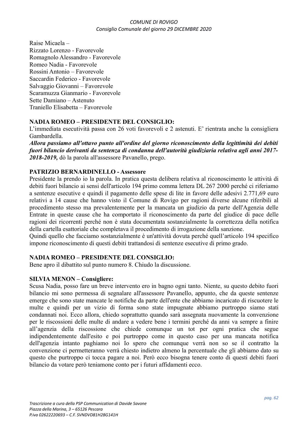 Pagina 62 del verbale
