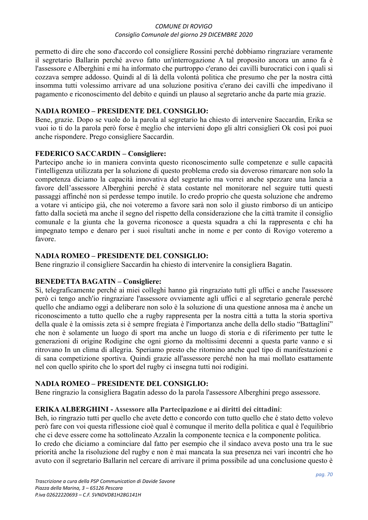 Pagina 70 del verbale
