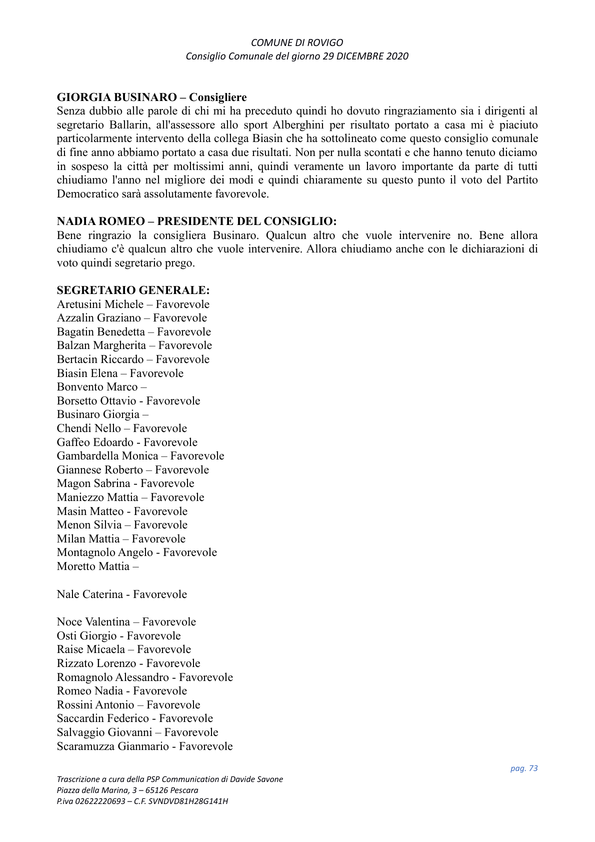 Pagina 73 del verbale