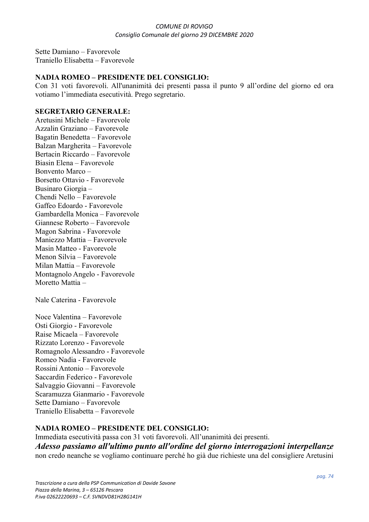 Pagina 74 del verbale