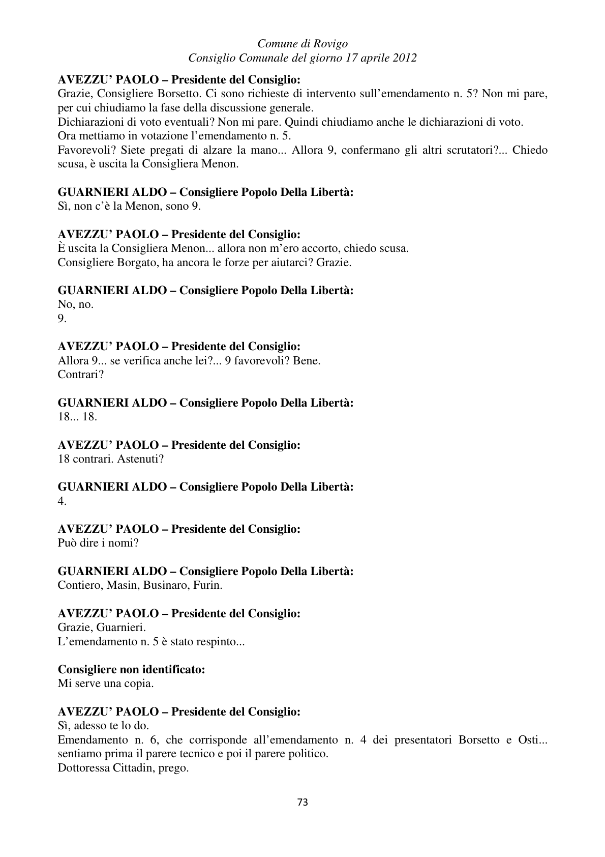Pagina 73 del verbale