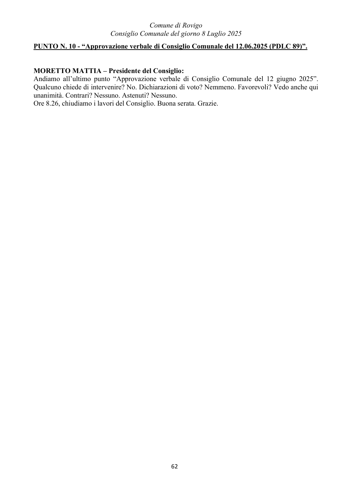 Pagina 62 del verbale