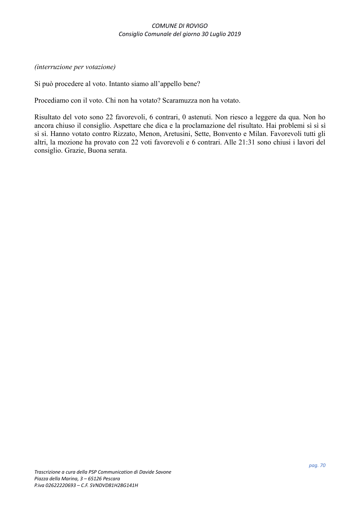 Pagina 70 del verbale